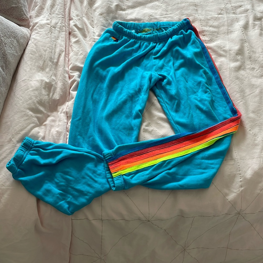 Aviator Nation adult sweatpants- size M - blue with 5 stripes - shows pilling